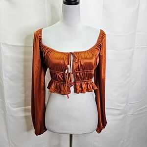 Forever 21 Chestnut Brown Satin Puff Sleeve Tie Front Crop Top Size Medium